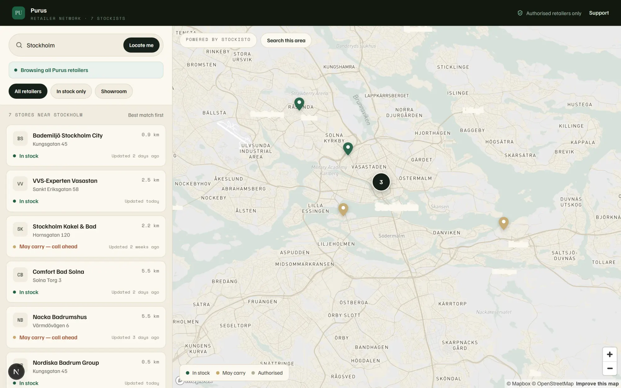 Stockisto-myymälähaku, joka näyttää ruotsalaisia myymälöitä brändätyllä kartalla ja listalla